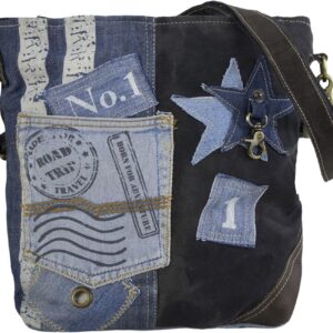 Sunsa Frauentasche nachhaltige Umhängetasche Handtasche aus recycelten Jeans, Leinwand und Lederumhängetasche Frauenbeutel im Vintage -Stil Crossover -Tasche mit Stern, Jeans Farbe, Retro