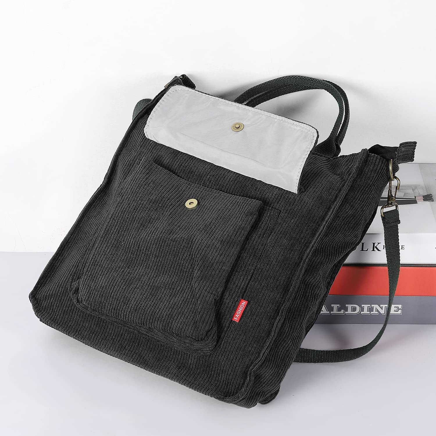 Dencycle Damen -Umhängetasche, große Cord -Einkaufstasche, lässige Handtasche, Einkaufstasche, Mode -Umhängetasche mit Reißverschluss und Tasche, Crossbody -Tasche für jeden Tag, Büro, Schulreise und Einkaufen, Schwarz, schwarz, – Bild 8