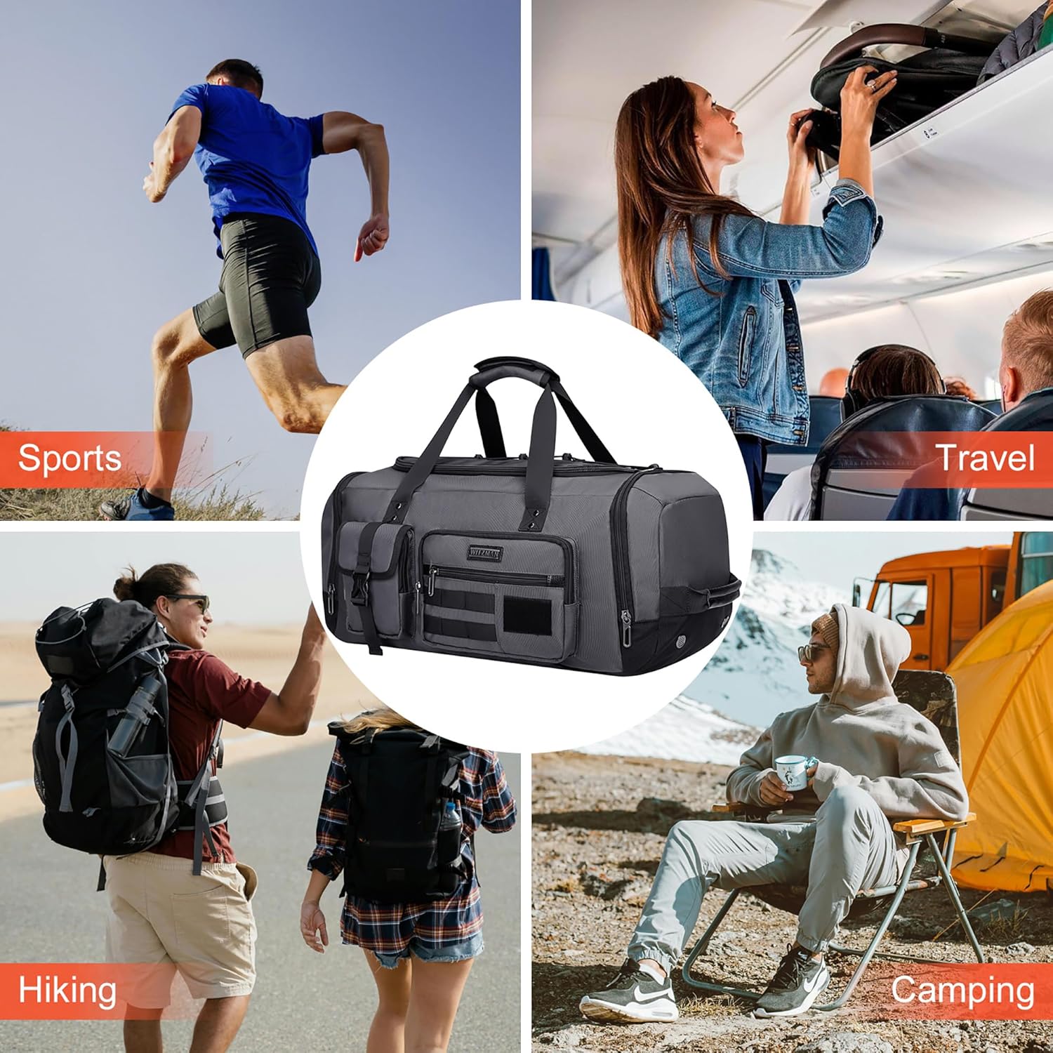 Witzman Travel Bag Herren 45L Sporttasche groß mit Schuhfach Duffle Tasche 3 in 1 Reise -Fitness -Trainingstasche Männer Frauen, Silbergrau, Reisetasche – Bild 9