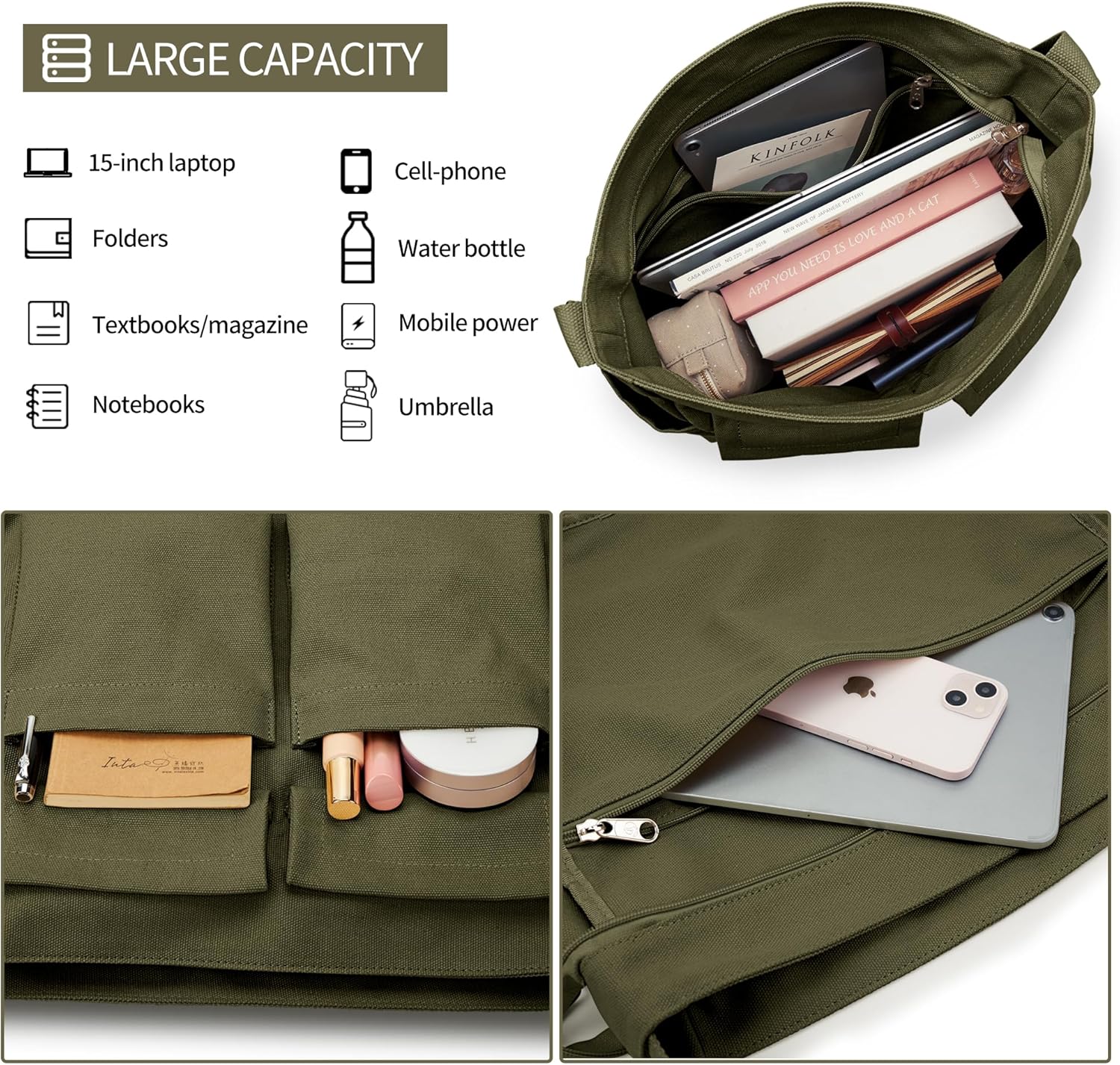 Kalidi Canvas Tote Umhängetaschen Frauen Umhängetasche Casual Messenger Crossbody Tasche Dicke Leinwand Hobo -Beutel wasserresistent für College -Arbeiten täglich Einkaufsreisen täglich – Bild 3