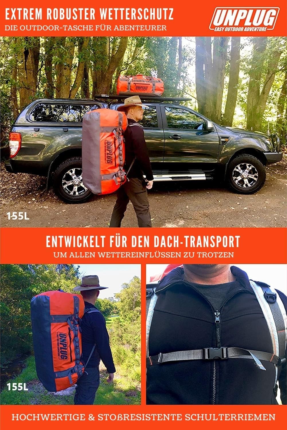 Unplug Ultimate Adventure Bag, wasserdichte Reisetasche Rucksack, 1680d Heavy Duffel Bag wasserdicht für Camping, Motorrad, wasserdicht – Bild 6