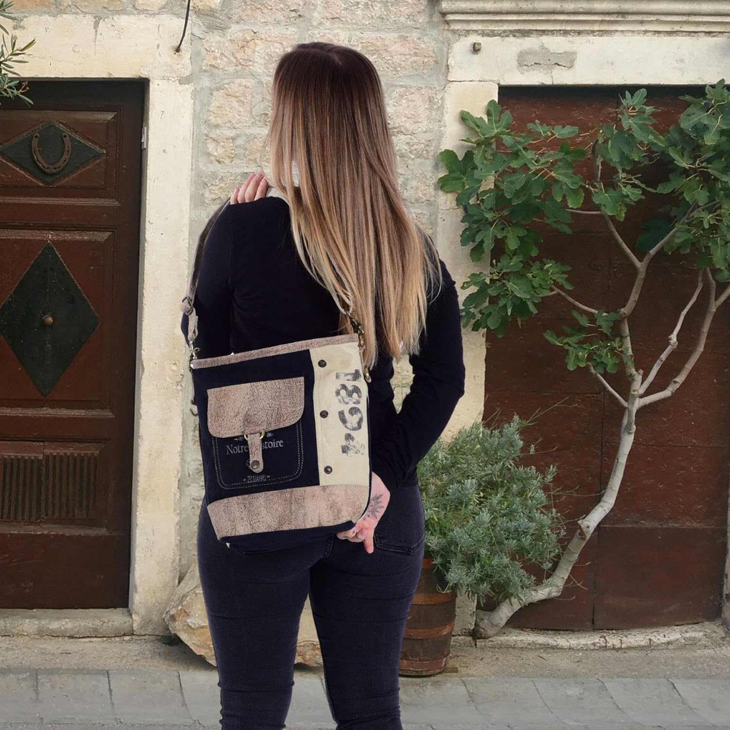 Sunsa Canvas Vintage Style Umhängetasche Großer Frauen Umhängetasche Crossbody -Tasche mit Lederverstellbares Griff Tasche Handtasche Frauentasche Beige / Schwarz, Schwarz, Retro – Bild 4