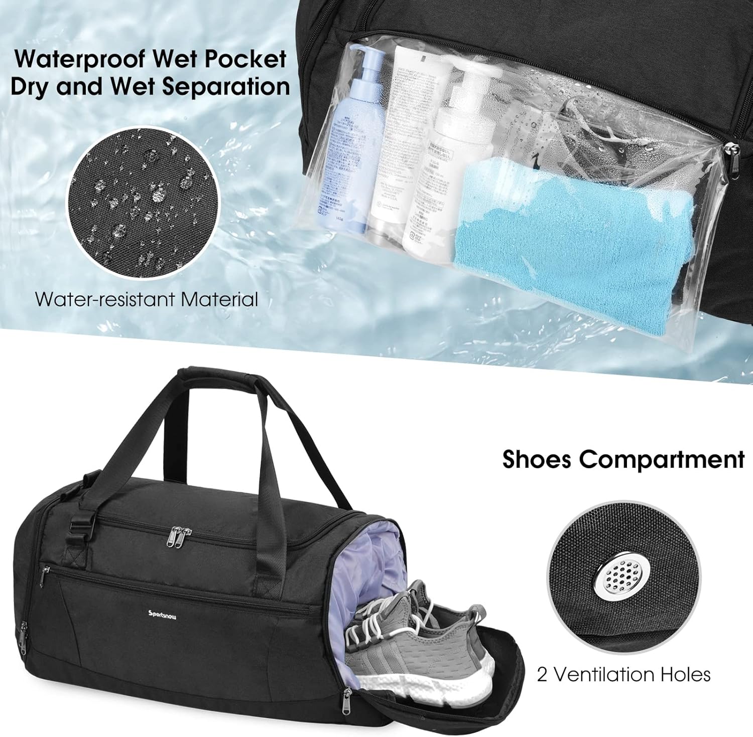 Sportsack Rucksack Herren -Reisetasche mit Schuhfach und Wet -Fach und Toilettenbeutel Weekender Bag Damen -Trainingstasche mit Trolley -Ärmel, Schwarz – Bild 2