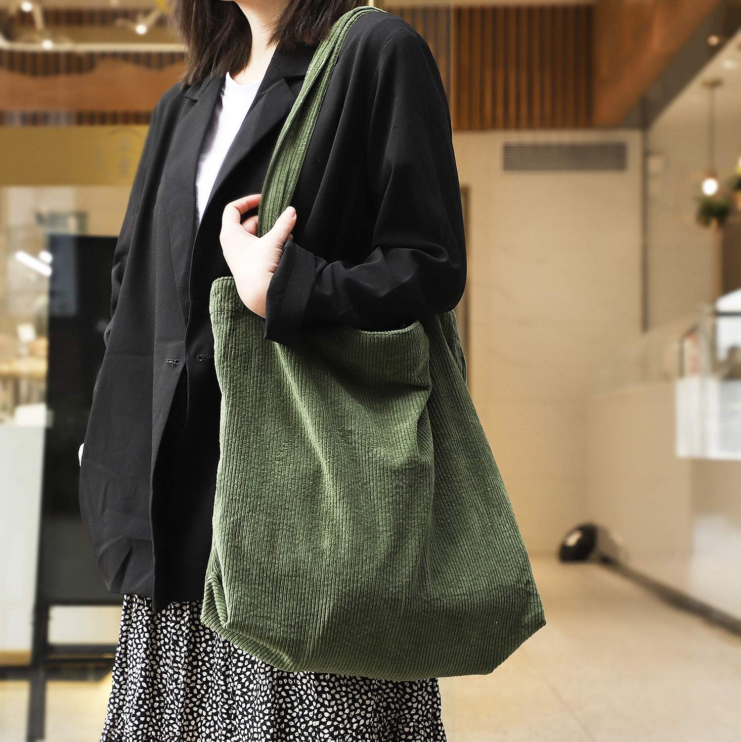 Detercycle Damen große Kapazität Cord -Umhängetasche, Retro -Handtasche für den täglichen Gebrauch, Büro, Schulausflug und Einkaufen, Armeegrün, L, – Bild 6