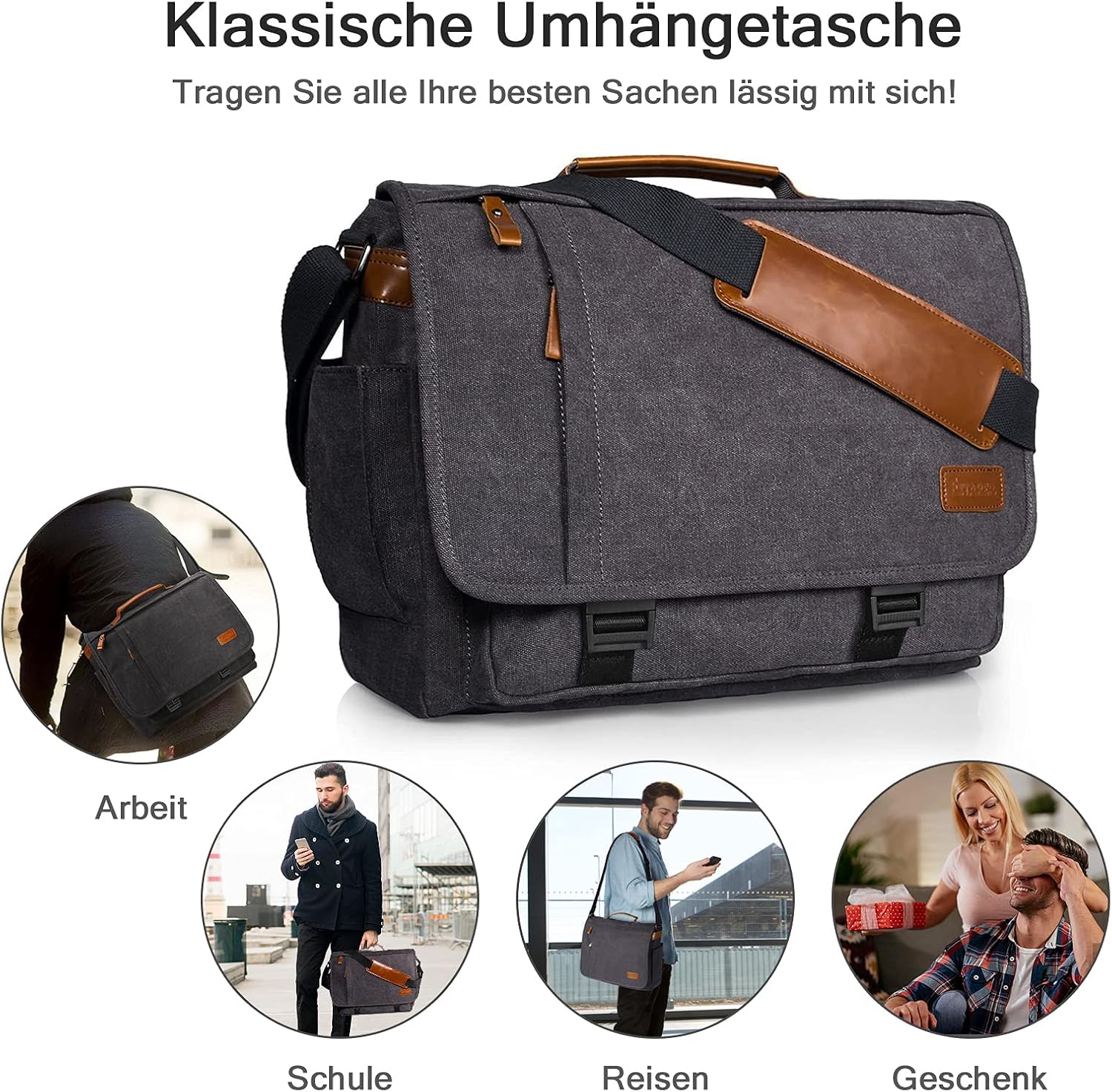 Estarer Carry Bag/Laptop -Tasche 14/15,6–17/17,3 Zoll für Arbeit, Universität, einfache Leinwand, Grau, Grau – Bild 3