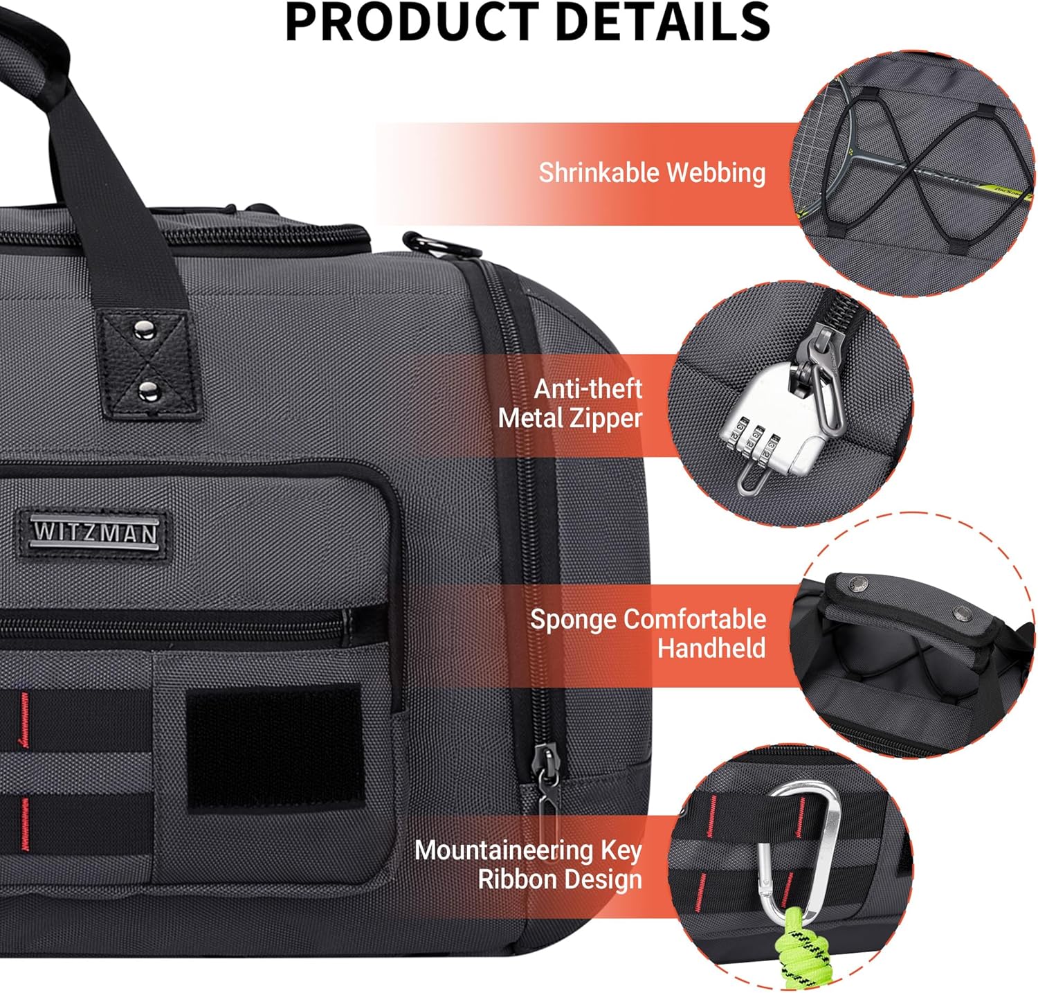 Witzman Travel Bag Herren 45L Sporttasche groß mit Schuhfach Duffle Tasche 3 in 1 Reise -Fitness -Trainingstasche Männer Frauen, Silbergrau, Reisetasche – Bild 8