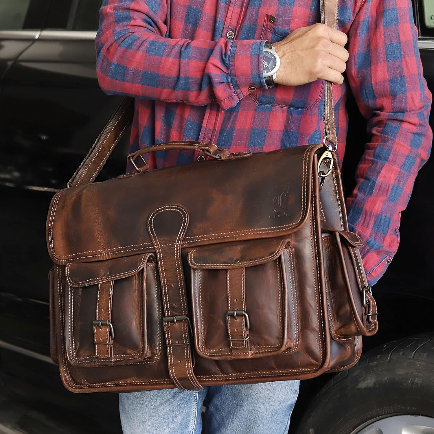 DHK Devil Hunter Killer Leder Laptop Umhängetasche Vintage Aktentasche für Männer und Frauen Vintage braun 18 Zoll, braun – Bild 6