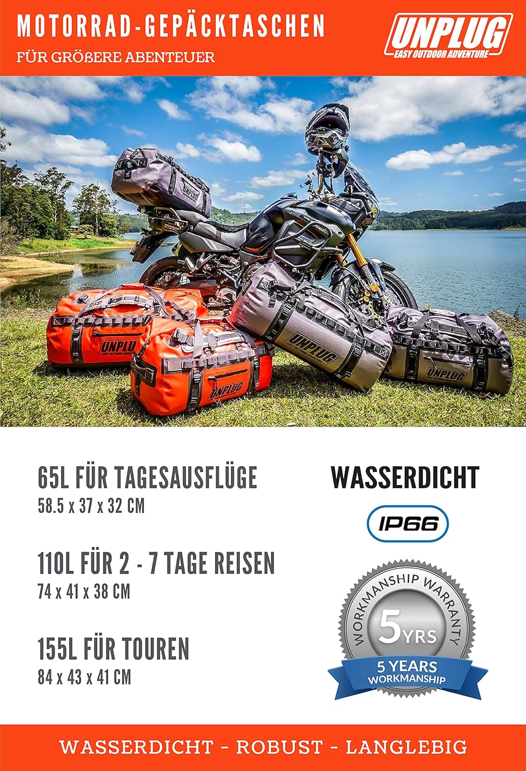 Unplug Ultimate Adventure Bag, wasserdichte Reisetasche Rucksack, 1680d Heavy Duffel Bag wasserdicht für Camping, Motorrad, wasserdicht – Bild 8