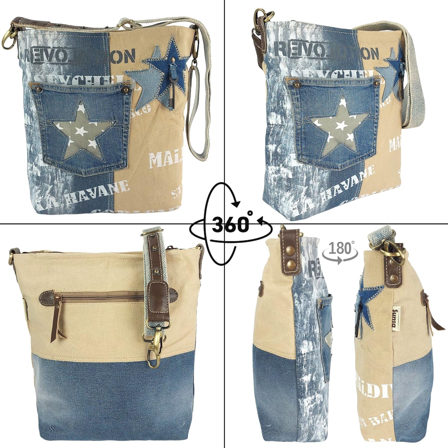 Sunsa Frauentasche. Nachhaltige Umhängetasche. Recycelte Jeans & Canvas -Umhängetasche im Vintage -Stil mit Stern. Crossover -Beutel, Blau / Beige – Bild 3
