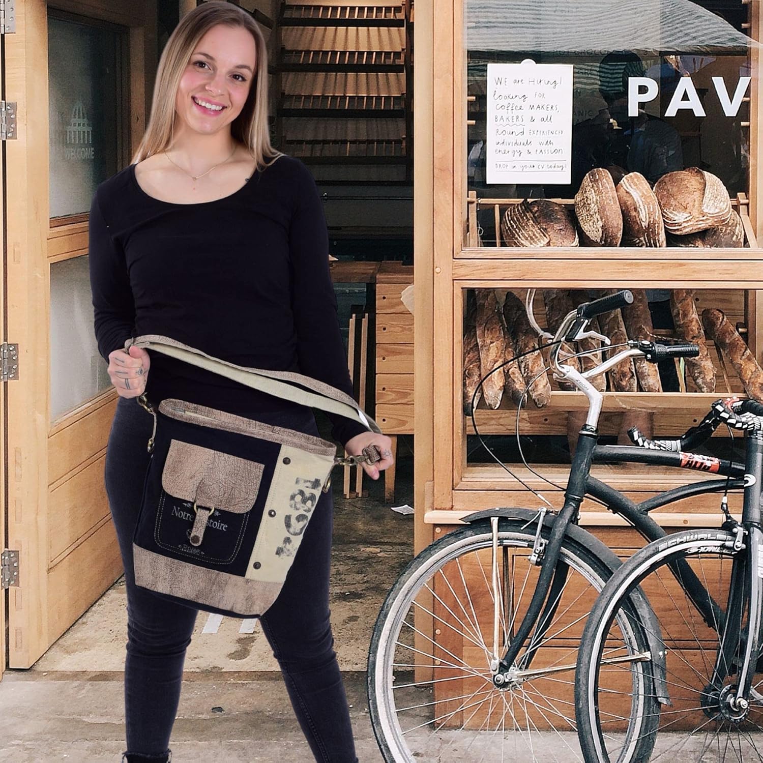 Sunsa Canvas Vintage Style Umhängetasche Großer Frauen Umhängetasche Crossbody -Tasche mit Lederverstellbares Griff Tasche Handtasche Frauentasche Beige / Schwarz, Schwarz, Retro – Bild 3