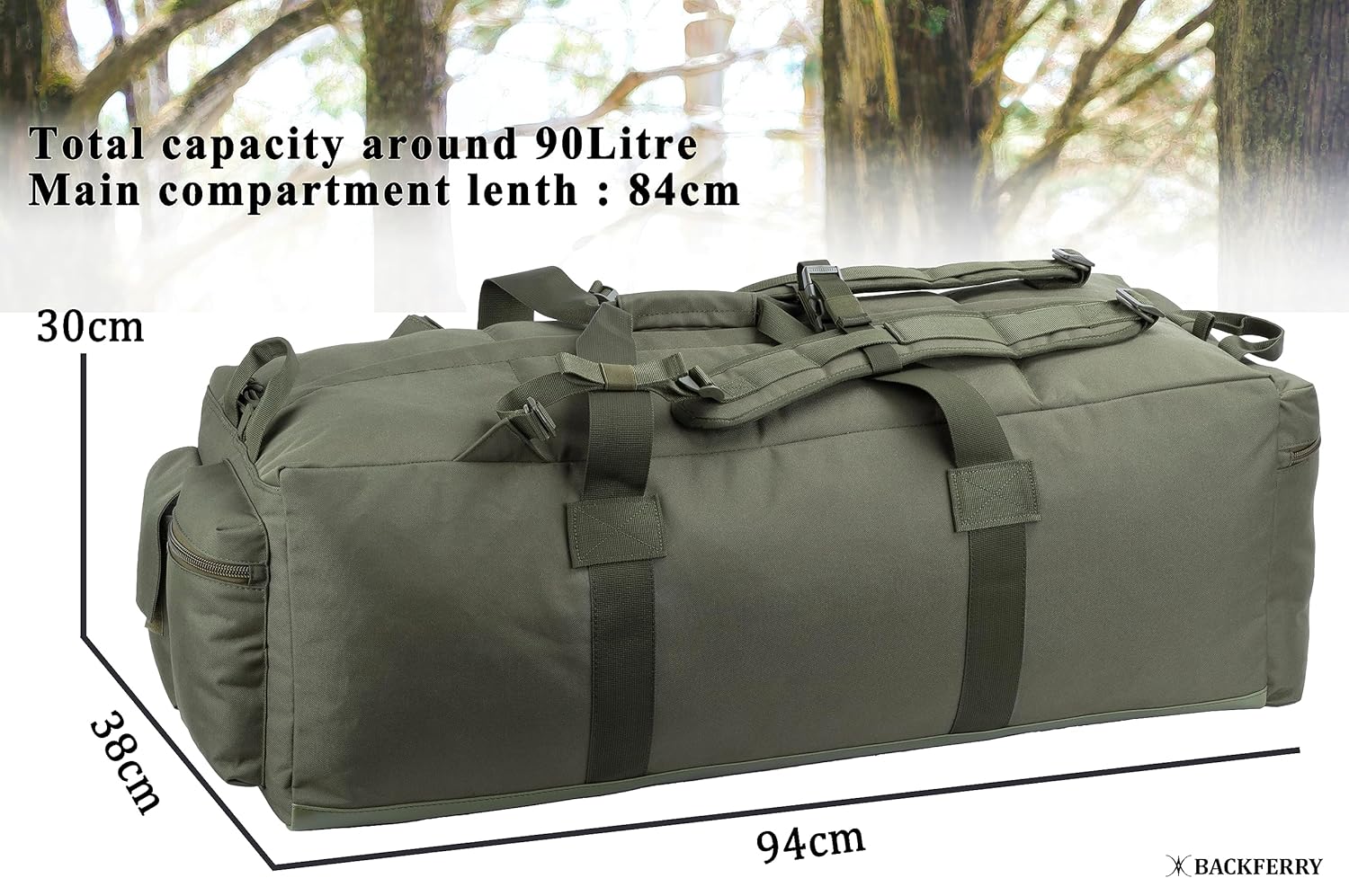 Backferry Large Military Style Tactical Gear Beutel Sporttasche Reisetasche mit abnehmbaren Rucksackgurten 80 l, Oliven-, Rückback -Style -Schultergurte – Bild 2