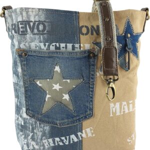 Sunsa Frauentasche. Nachhaltige Umhängetasche. Recycelte Jeans & Canvas -Umhängetasche im Vintage -Stil mit Stern. Crossover -Beutel, Blau / Beige