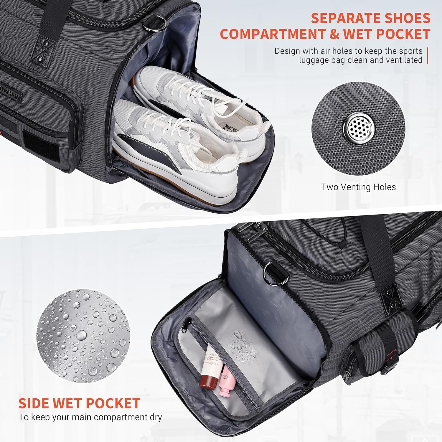 Witzman Travel Bag Herren 45L Sporttasche groß mit Schuhfach Duffle Tasche 3 in 1 Reise -Fitness -Trainingstasche Männer Frauen, Silbergrau, Reisetasche – Bild 4