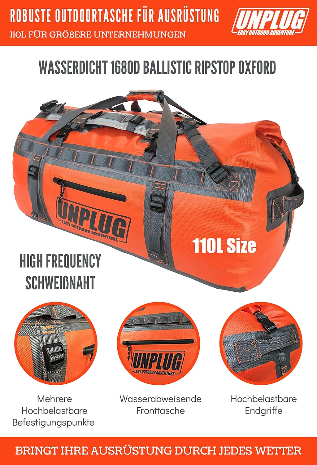 Unplug Ultimate Adventure Bag, wasserdichte Reisetasche Rucksack, 1680d Heavy Duffel Bag wasserdicht für Camping, Motorrad, wasserdicht – Bild 2