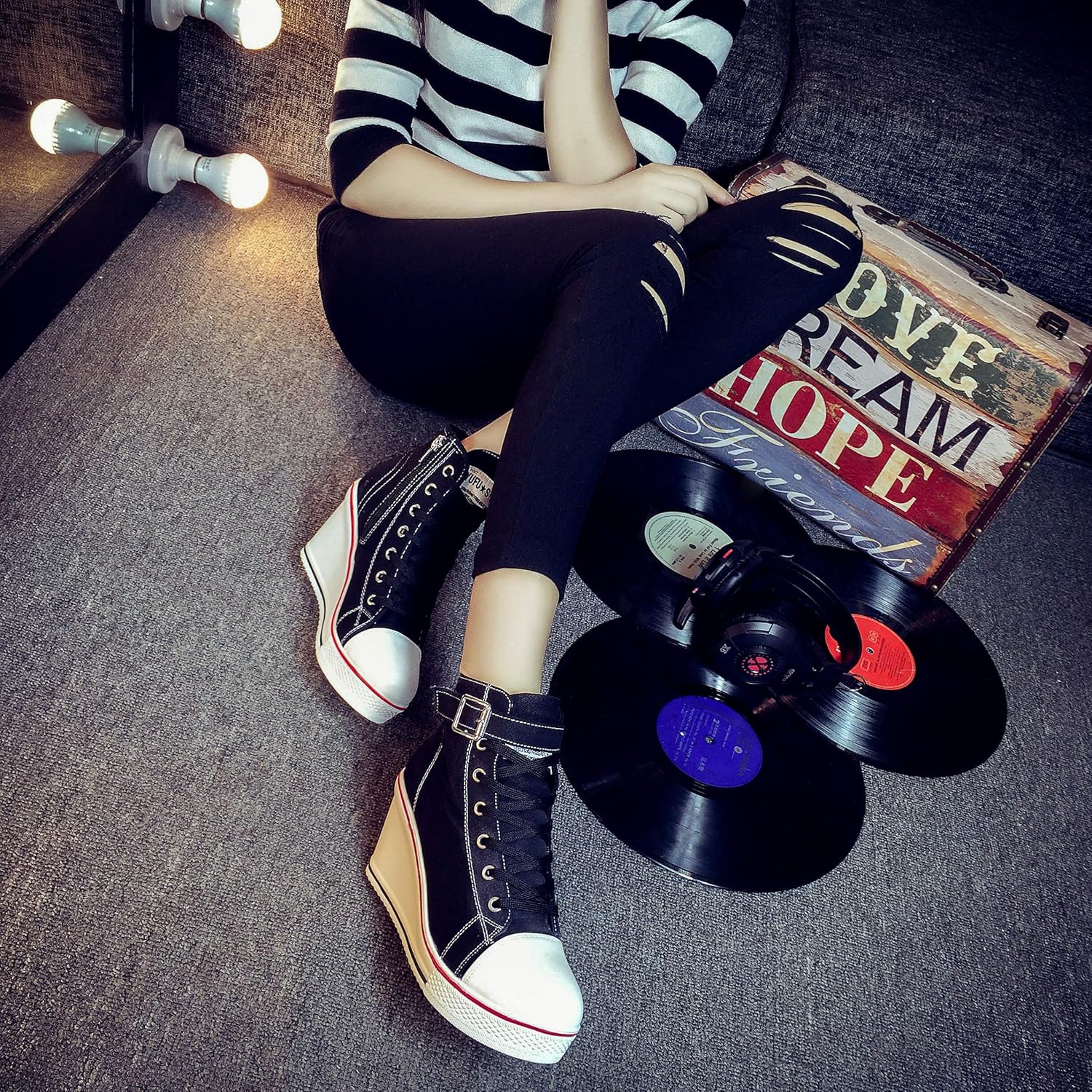 Siphy Damen Wedge Heel Schuhe Trainer Leinwand - Fersenhöhe 7 cm - Schwarz, Weiß, Rot, Blau, Dunkelblau - EU 35 - 43 - warmer Leinwandschuh – Bild 3