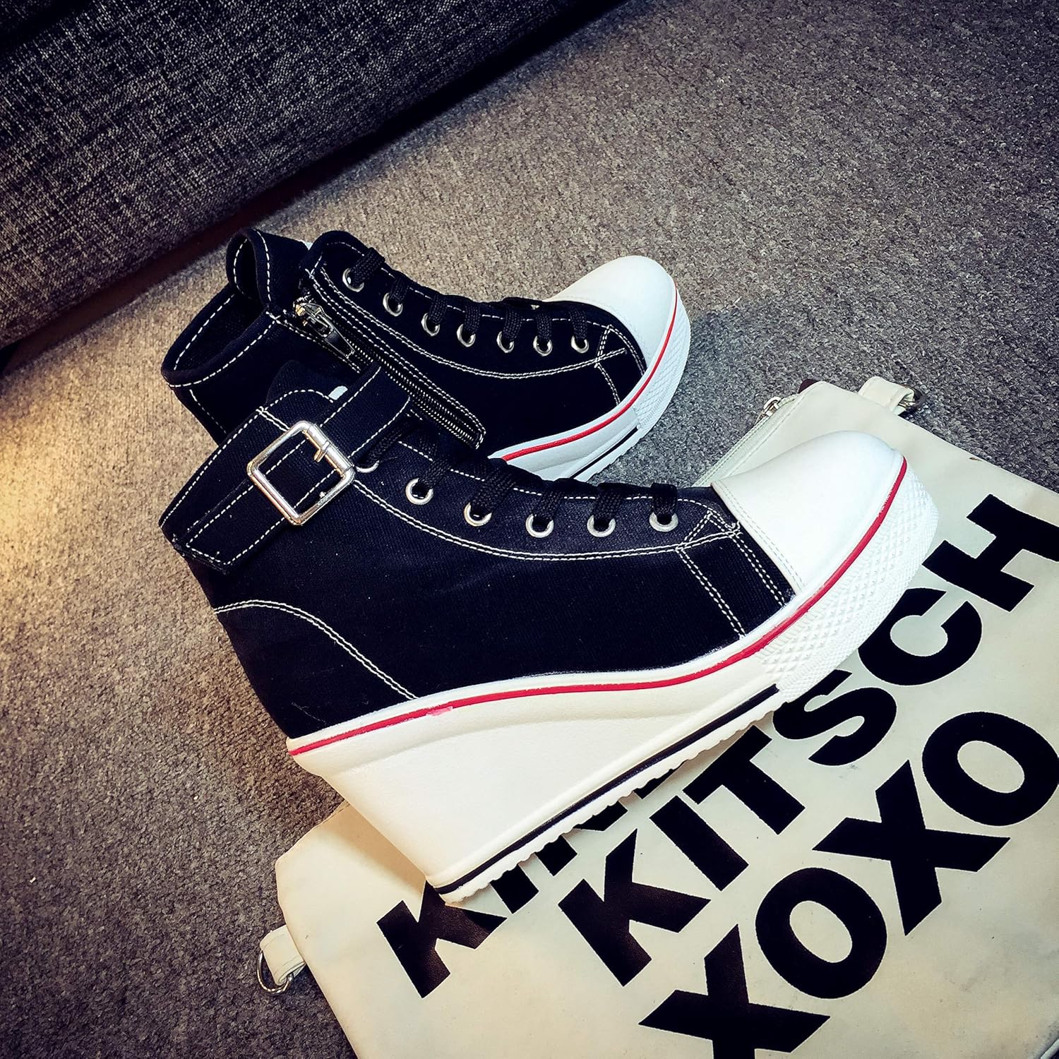 Siphy Damen Wedge Heel Schuhe Trainer Leinwand - Fersenhöhe 7 cm - Schwarz, Weiß, Rot, Blau, Dunkelblau - EU 35 - 43 - warmer Leinwandschuh – Bild 5