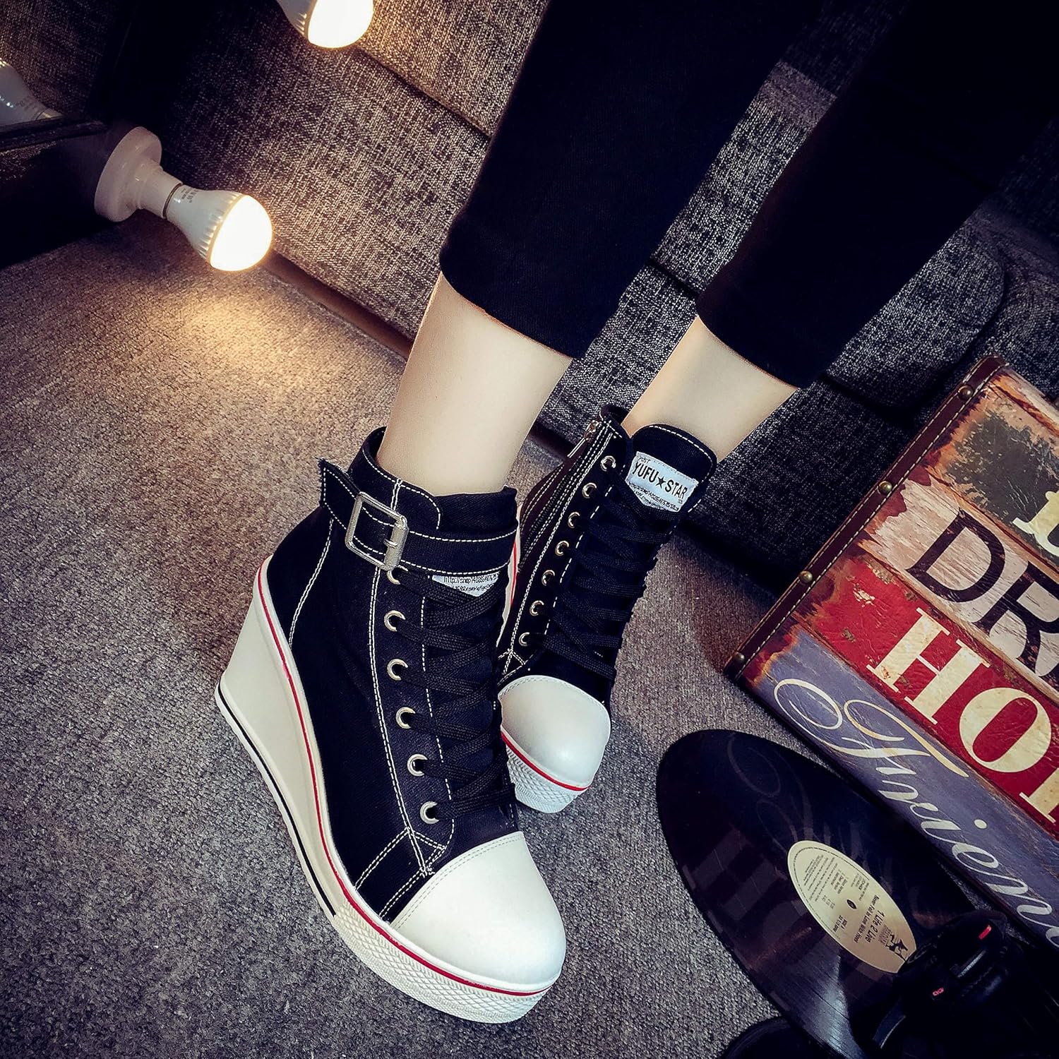 Siphy Damen Wedge Heel Schuhe Trainer Leinwand - Fersenhöhe 7 cm - Schwarz, Weiß, Rot, Blau, Dunkelblau - EU 35 - 43 - warmer Leinwandschuh – Bild 2