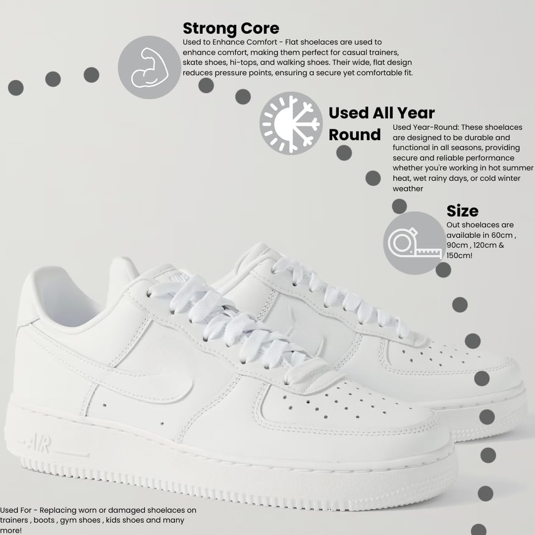 Weiße Flachskate -Schnürsenkel für Schuhe, Trainer, Hi Tops, Converse Schuhe Stiefel Nikes Pumas Schnürsenkel 10 mm breit - Weiß - 90 cm – Bild 6