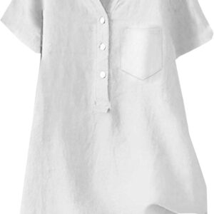 Damen-T-Shirt, Sommer, Baumwolle, V-Ausschnitt, kurzärmelig, modisch, elegant, Leinenhemden mit Taschen, einfarbig, Urlaub, lässig, elegante Blusen, leicht, atmungsaktiv, übergroße T-Shirts, lockere