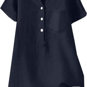 Frauen Sommer Baumwolle V-Ausschnitt Kurzarm Mode elegante Leinenhemden mit Taschen mit Taschen Festfürfer