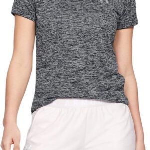 Under Armour Tech Sleeve – Twist, atmungsaktives und kurzarmes Sporthemd für Frauen, bequemes funktionelles Hemd mit lockerer Passform, Frauen, grau (pechgraues helles Heather / Onyx White), L.
