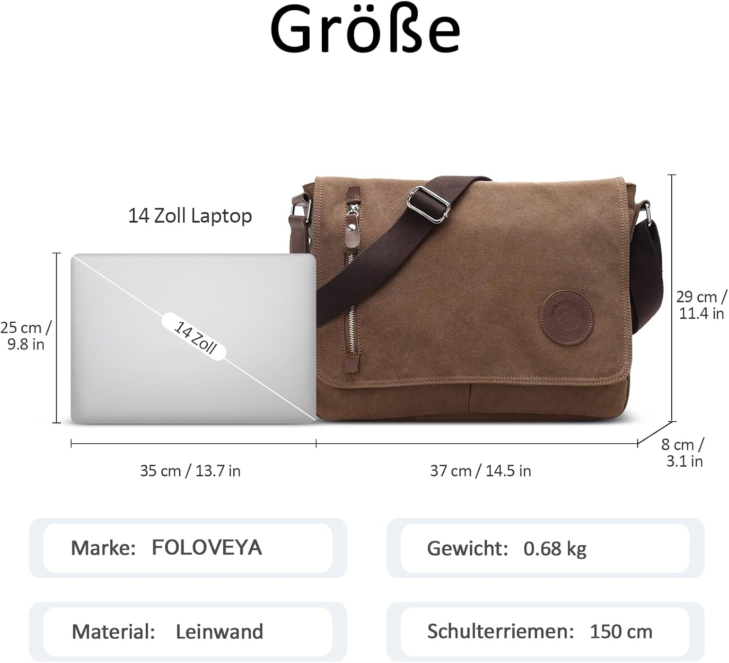 Foloveya Retro Umhängetasche Herrenumbenbeutel Leinwand Messengerbeutel 14 -Zoll -Laptop -Tasche Messengerbeutel Leinwand Multi -Bag Aktentasche für Arbeitsschule Uni, Kaffee, Umhängetasche – Bild 6
