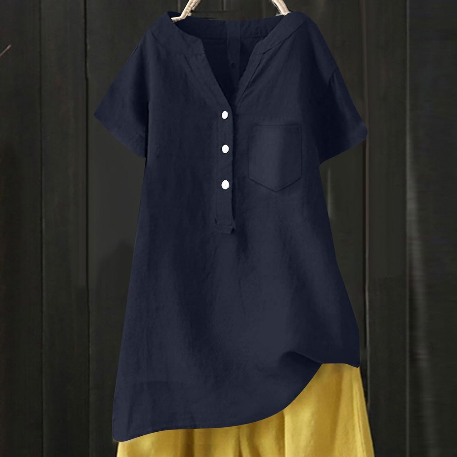 Frauen Sommer Baumwolle V-Ausschnitt Kurzarm Mode elegante Leinenhemden mit Taschen mit Taschen Festfürfer – Bild 2