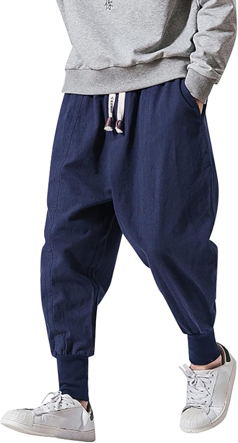 Herrenbeinhosen, Weitbein-Haremhosen, Hippie-Hosen, tiefe Baggy-Leicht-Stretch-Baumwoll-Jogging-Yogamosen mit Taschen, Kordelkordel, elastische Taille, Größe M-XXXL, Marine, M., Marine, M. – Bild 2