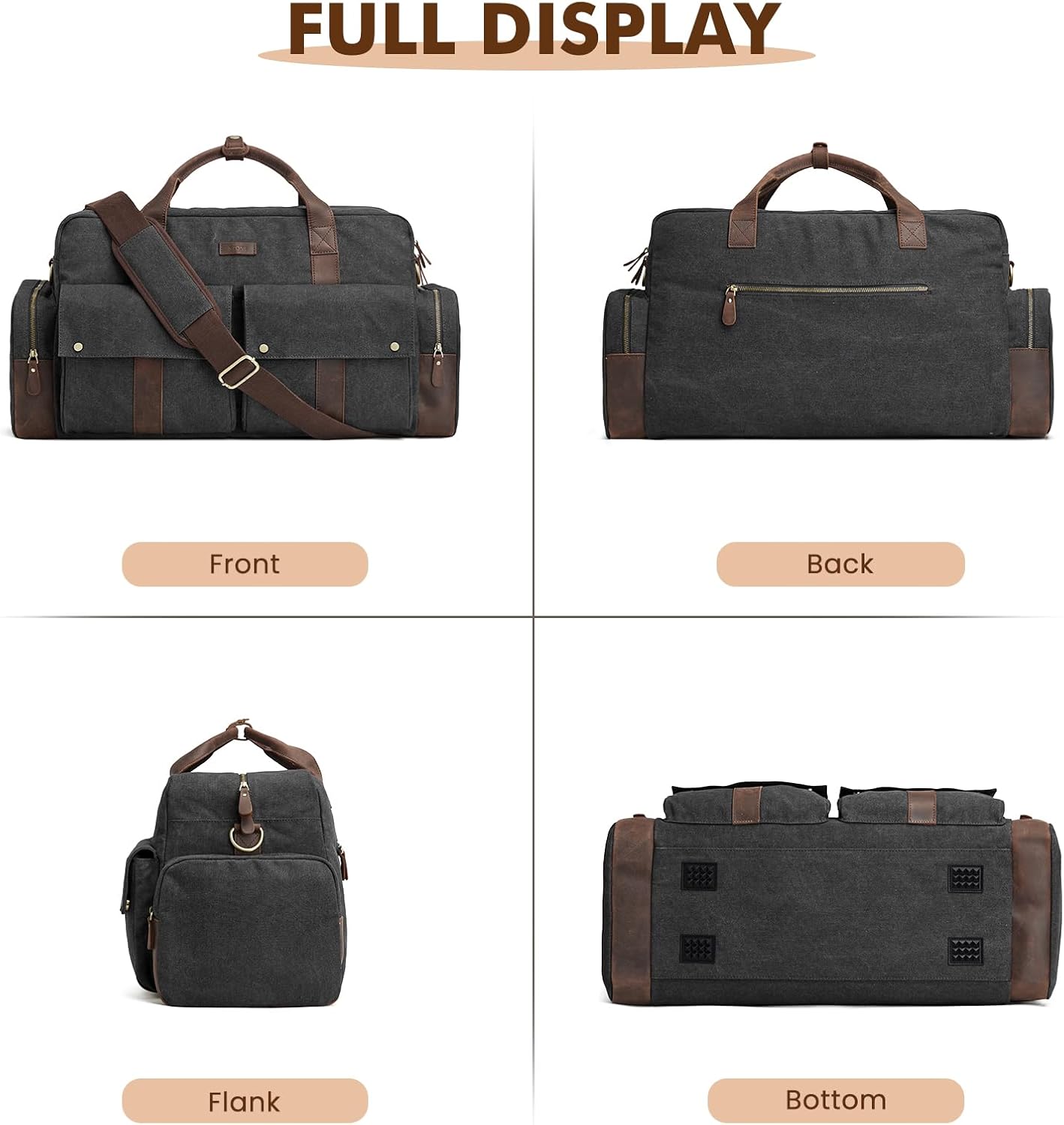 S-Zone Unisex 56L Reisetasche Vintage Leinwand Lederverkleidung über Nacht Weekender Bag Duffle Bag Handgepäck Sporttasche für Reisebühne am Wochenende Urlaub – Bild 7