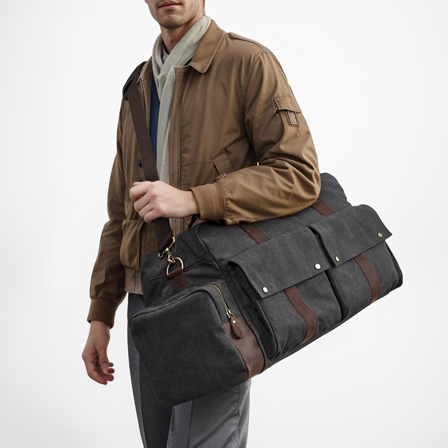 S-Zone Unisex 56L Reisetasche Vintage Leinwand Lederverkleidung über Nacht Weekender Bag Duffle Bag Handgepäck Sporttasche für Reisebühne am Wochenende Urlaub – Bild 2