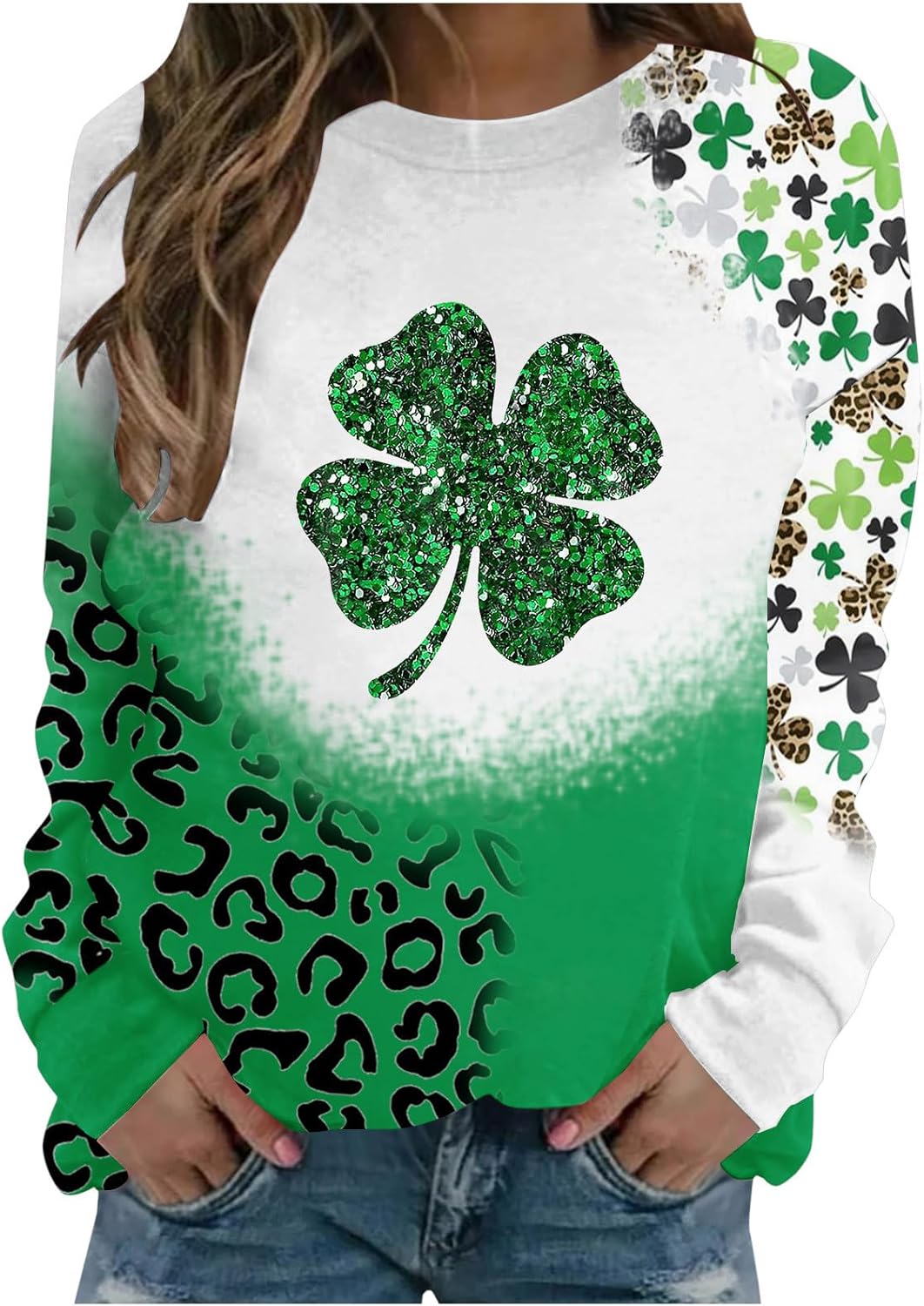 Damen-Pullover St. Patrick's Day, Leopardenklee, übergroße Pullover, langärmelig, Sport-Tops für übergroßes Sweatshirt, Rundhalsausschnitt, ausgefallene Irland-Shirts, Pullover, Paddy's Day-Kleidung – Bild 2