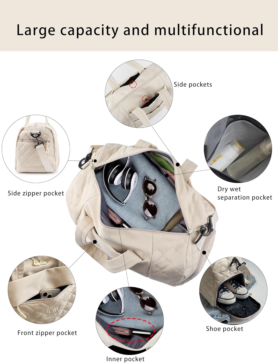 Remedare Travel Bag Damen Sports Bag Weekender Reisetasche Gepäck mit Toilettenbeutel, Schuhbeutel für Krankenhaus, Fitnessstudio und Flugzeugreisen, Beige, Beige, Reisetasche – Bild 3