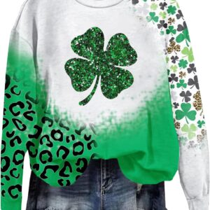 Damen-Pullover St. Patrick’s Day, Leopardenklee, übergroße Pullover, langärmelig, Sport-Tops für übergroßes Sweatshirt, Rundhalsausschnitt, ausgefallene Irland-Shirts, Pullover, Paddy’s Day-Kleidung