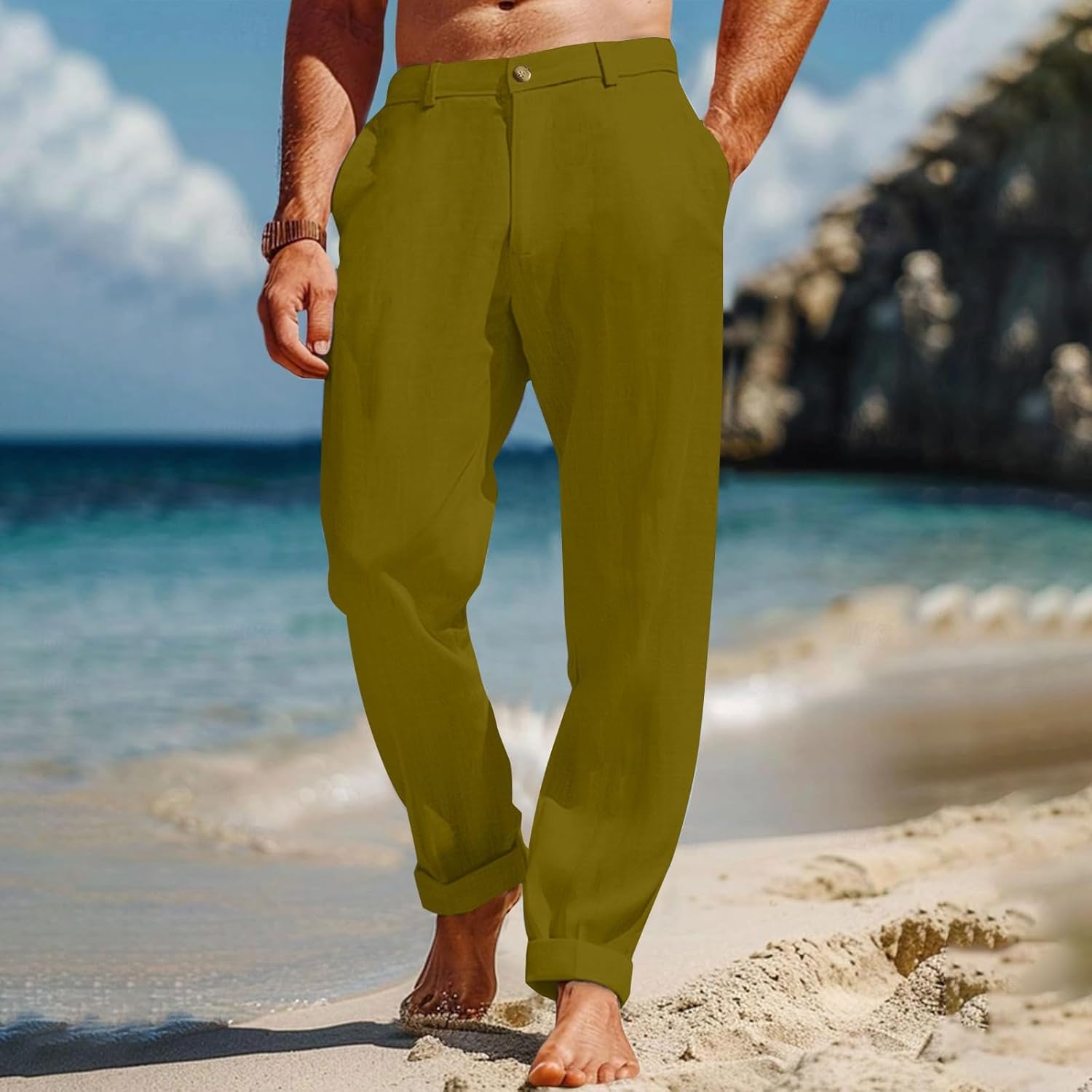Herren Baumwollwäsche Hosen lässig Leichte leichte Schleiche Fit Elastic Taille Summer Beachhose mit Taschen Feste Farbe Lose Fit Yoga Sports Laufhose S-3xl – Bild 2