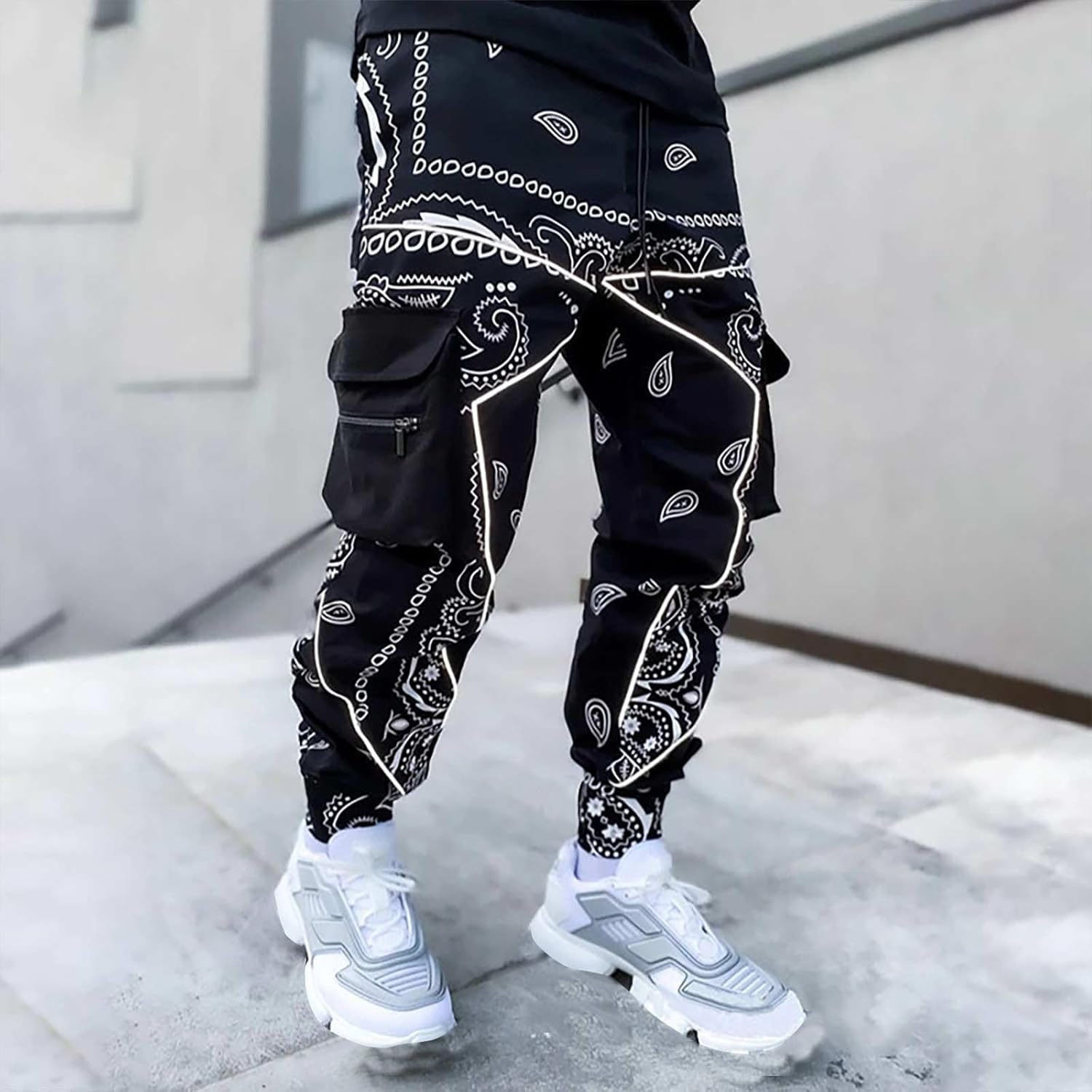 Hip-Hop Haremshose für Herren, mehrere Taschen mit Reißverschluss, Cargohose, Techwear, Streetwear, lockere Arbeitshose, Cargo-Arbeitskleidung, Cargo, Arbeitskleidung, Cargo, Laufen, Schwarz , S – Bild 2