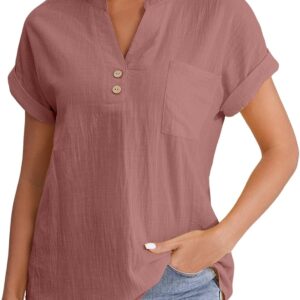 Kurzärmeliges Damen-Shirt aus Baumwollleinen, Knopfleiste, V-Ausschnitt, mit Taschen, einfarbig, locker, bequem, elegant, modisch, aufrollbare Ärmel, Sommer-T-Shirts, leicht, atmungsaktiv