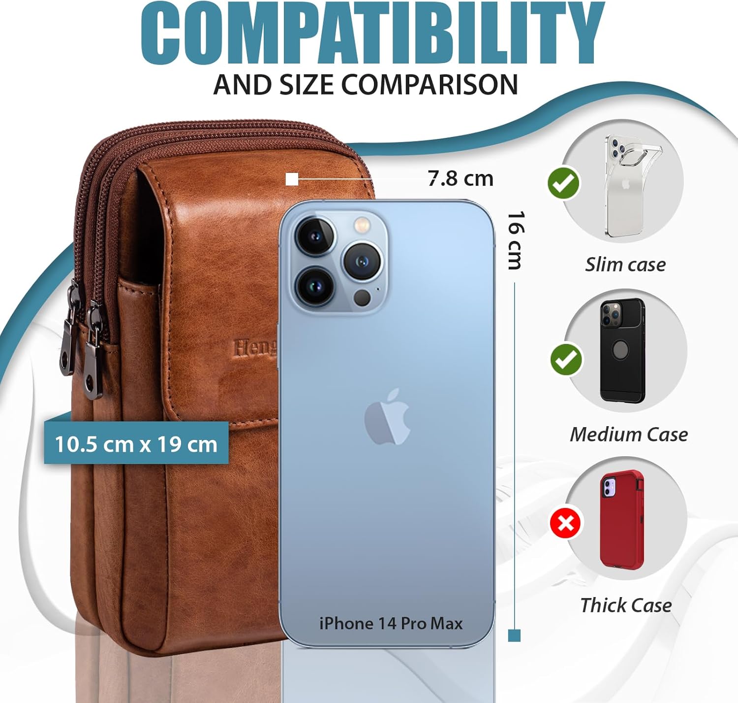 Hengwin Doppelpockets Gürtelbeutel Herrener Leder Tailentasche Herren -Handy -Taschen mit Gürtelschlaufe für iPhone 16 15 14 Pro Max, Samsung Galaxy S24 S23 Ultra S24+ Handy -Umhängetaschen (braun) – Bild 2