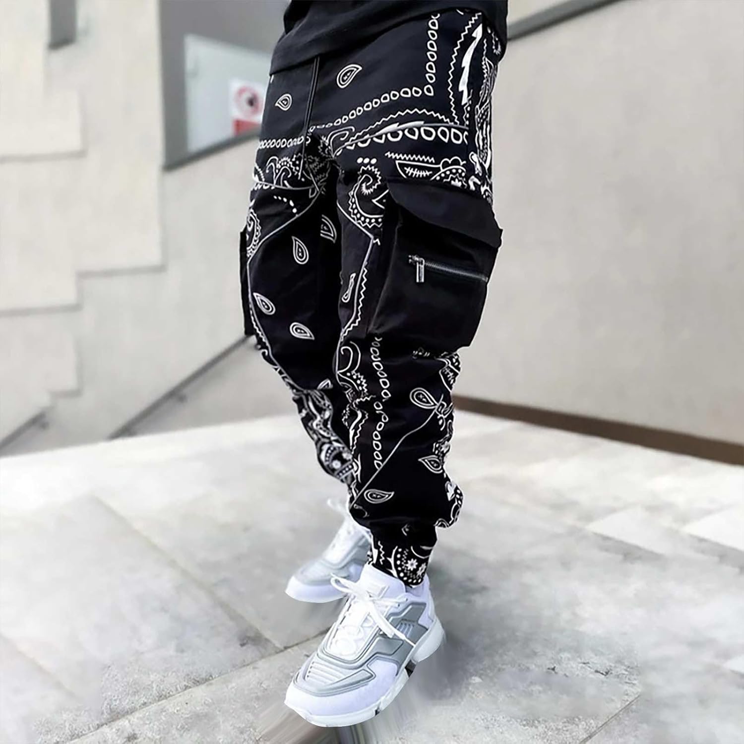 Hip-Hop Haremshose für Herren, mehrere Taschen mit Reißverschluss, Cargohose, Techwear, Streetwear, lockere Arbeitshose, Cargo-Arbeitskleidung, Cargo, Arbeitskleidung, Cargo, Laufen, Schwarz , S – Bild 5