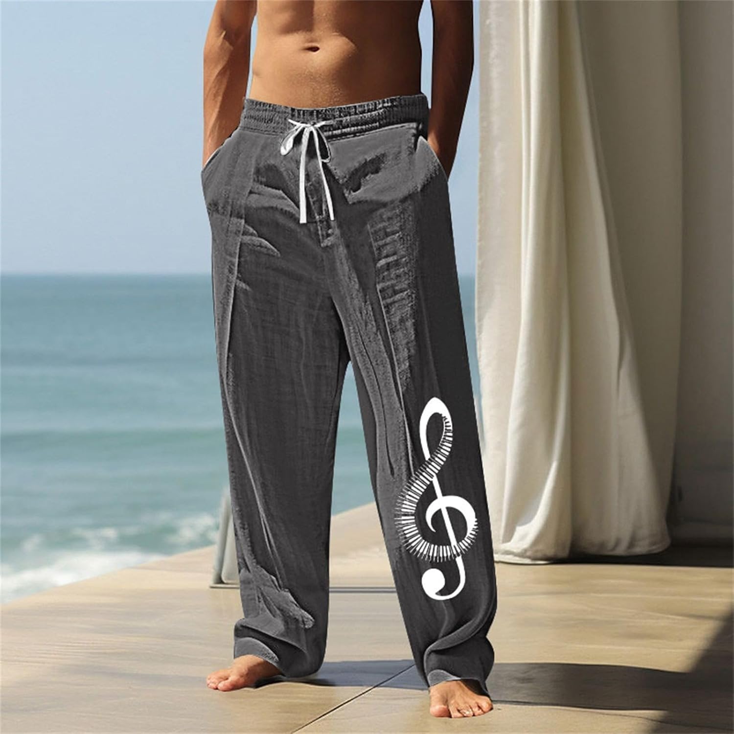 Herrenurlaubhosen, Musiknoten Print, Yogahose, breite und atmungsaktive Strandhosen, komfortable und leichte Sommerhosen, elastischer Bund mit Taschen, modische Outdoor -Reise – Bild 2