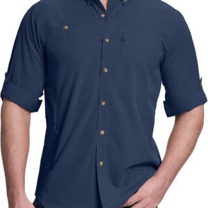 Safari Herren langärmelige Sporthemd UPF50+ UV-Schutz funktionales Hemd atmungsaktives Button-Down-Hemd mit Taschen zum Wanderfischenreisen