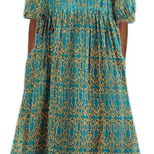 Yebiral Summer Kleider Frauen leichte und luftige elegante böhmische Print Beachkleid mit Taschen lässig locker Fit A-Line Midi Kleid Retro Runde Hals Kurzarm Kleid für Urlaub Hochzeit