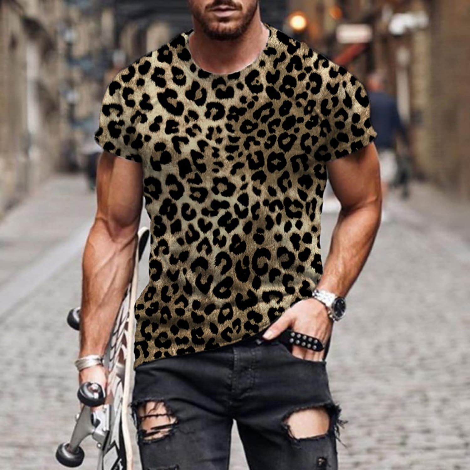 Briskorry Herren Street T-Shirt Sommer bedruckt ober lose große Größe Kurzarm Leopardenmuster lässig 3D Digitaldruck Crew Neck Kurzarm Top T-Shirt – Bild 2