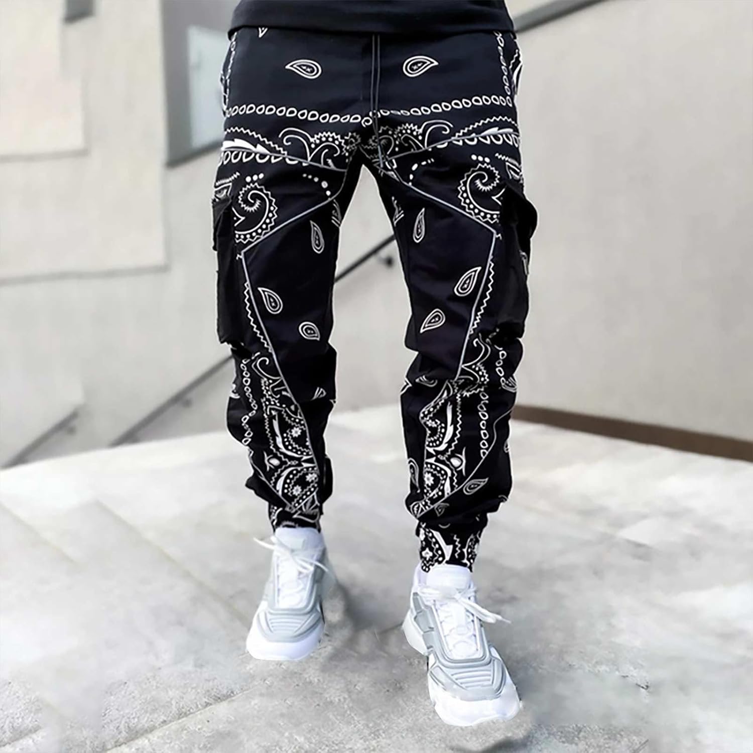 Hip-Hop Haremshose für Herren, mehrere Taschen mit Reißverschluss, Cargohose, Techwear, Streetwear, lockere Arbeitshose, Cargo-Arbeitskleidung, Cargo, Arbeitskleidung, Cargo, Laufen, Schwarz , S – Bild 4