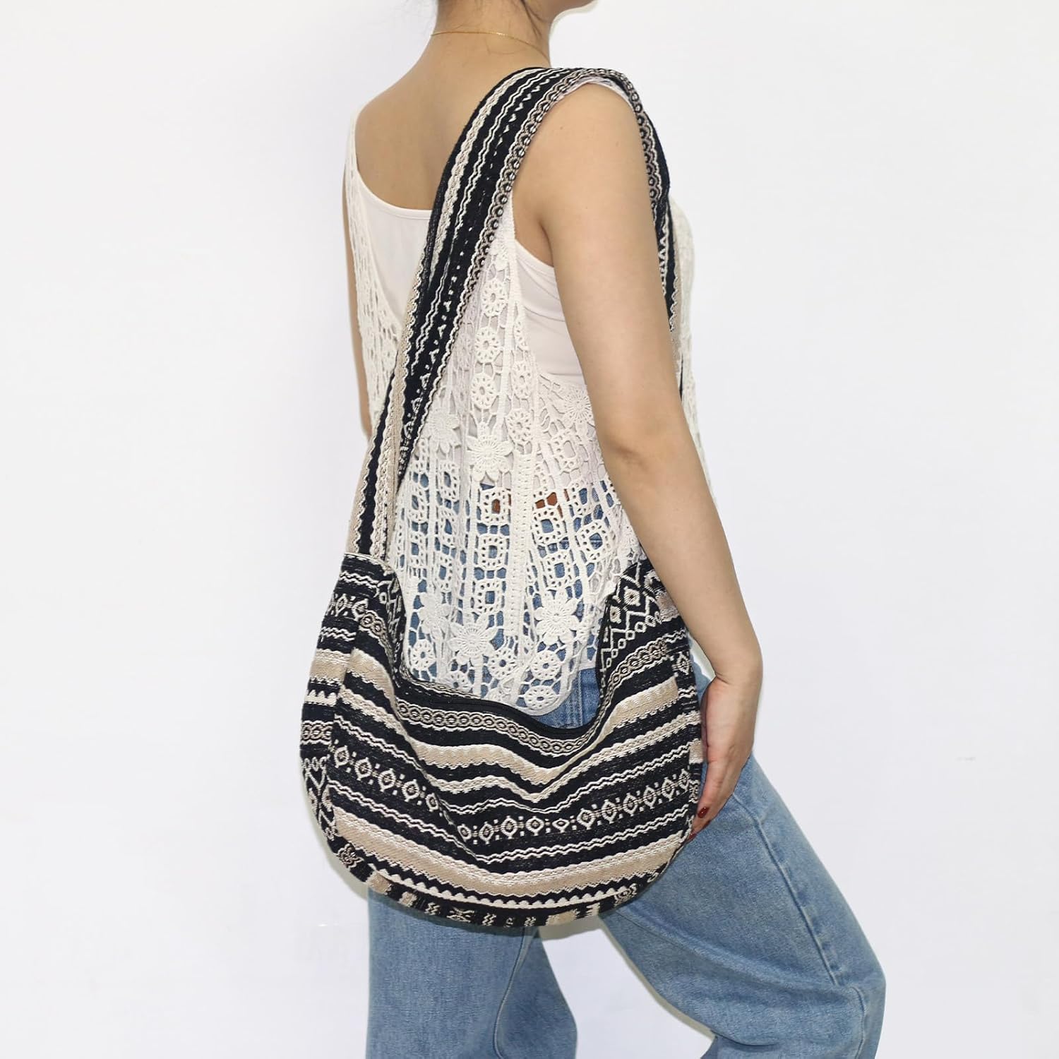 Huiystar Bohemian Umhängetasche für Frauen im ethnischen Stil großer Leinwandbeutel mit verstellbarem Schultergurt – Bild 2