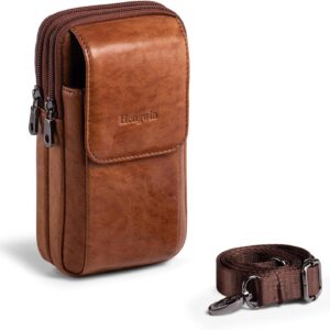 Hengwin Doppelpockets Gürtelbeutel Herrener Leder Tailentasche Herren -Handy -Taschen mit Gürtelschlaufe für iPhone 16 15 14 Pro Max, Samsung Galaxy S24 S23 Ultra S24+ Handy -Umhängetaschen (braun)