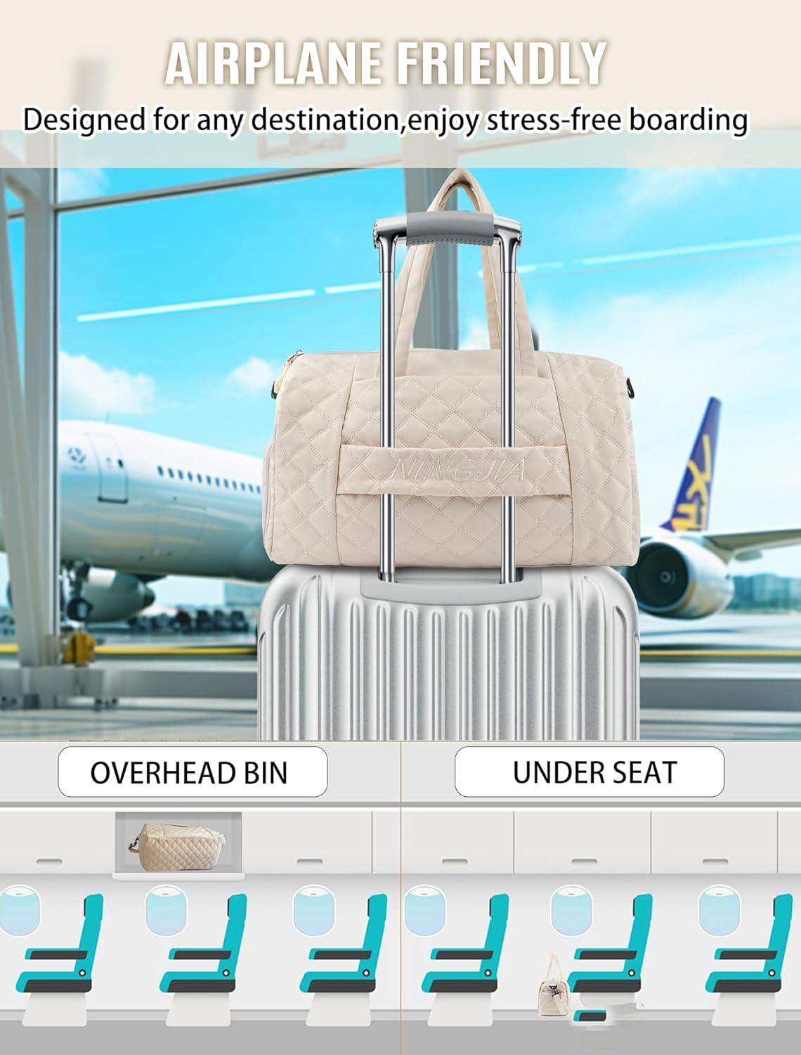 Remedare Travel Bag Damen Sports Bag Weekender Reisetasche Gepäck mit Toilettenbeutel, Schuhbeutel für Krankenhaus, Fitnessstudio und Flugzeugreisen, Beige, Beige, Reisetasche – Bild 4