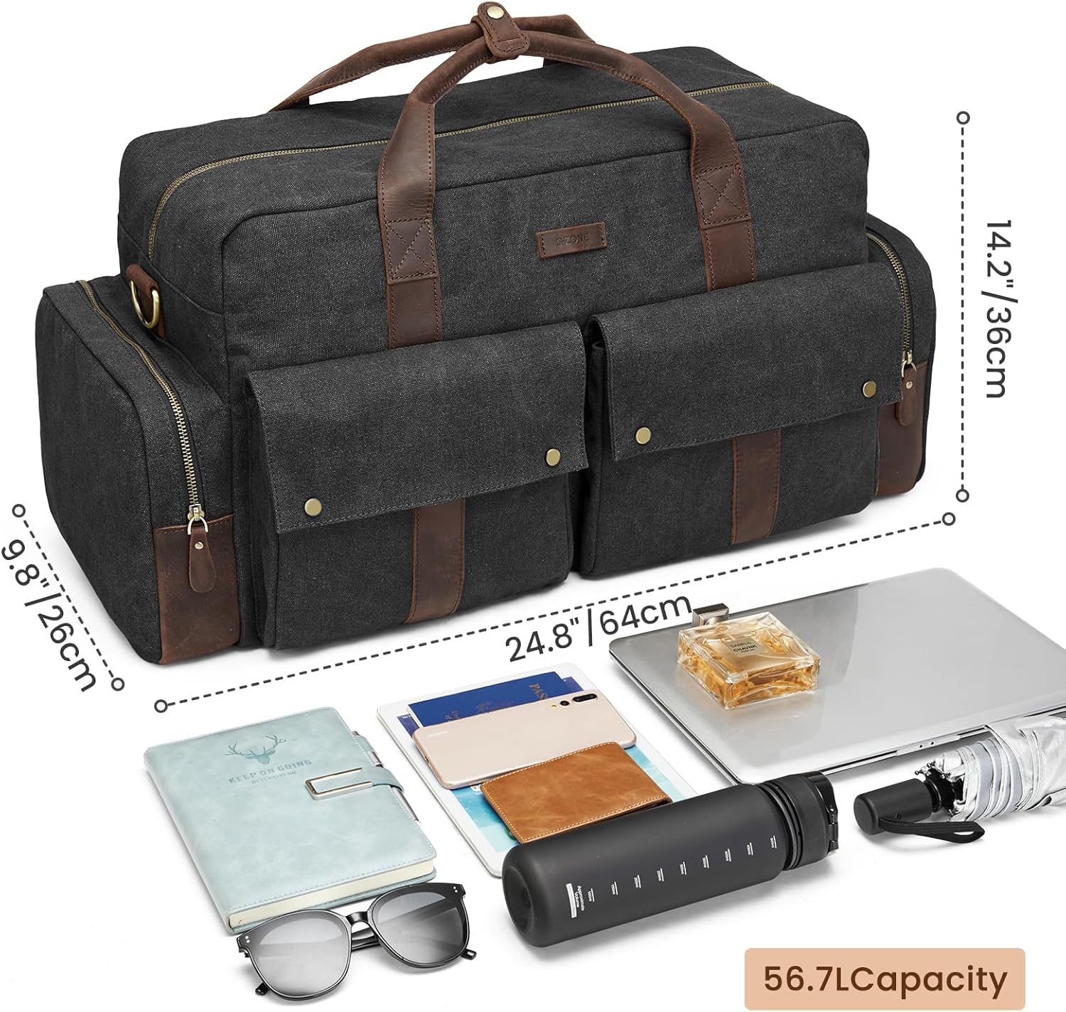 S-Zone Unisex 56L Reisetasche Vintage Leinwand Lederverkleidung über Nacht Weekender Bag Duffle Bag Handgepäck Sporttasche für Reisebühne am Wochenende Urlaub – Bild 4