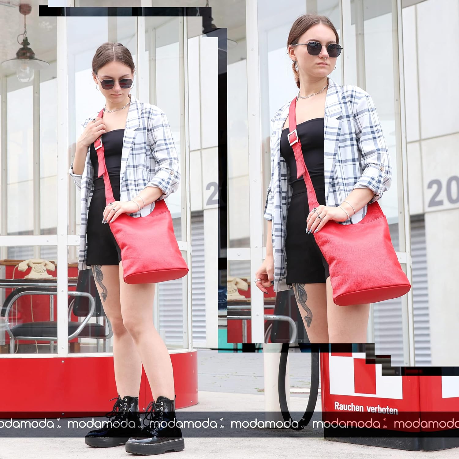 Modamoda DE - T221 Italienische Umhängetasche mittelgroße Leder – Bild 5