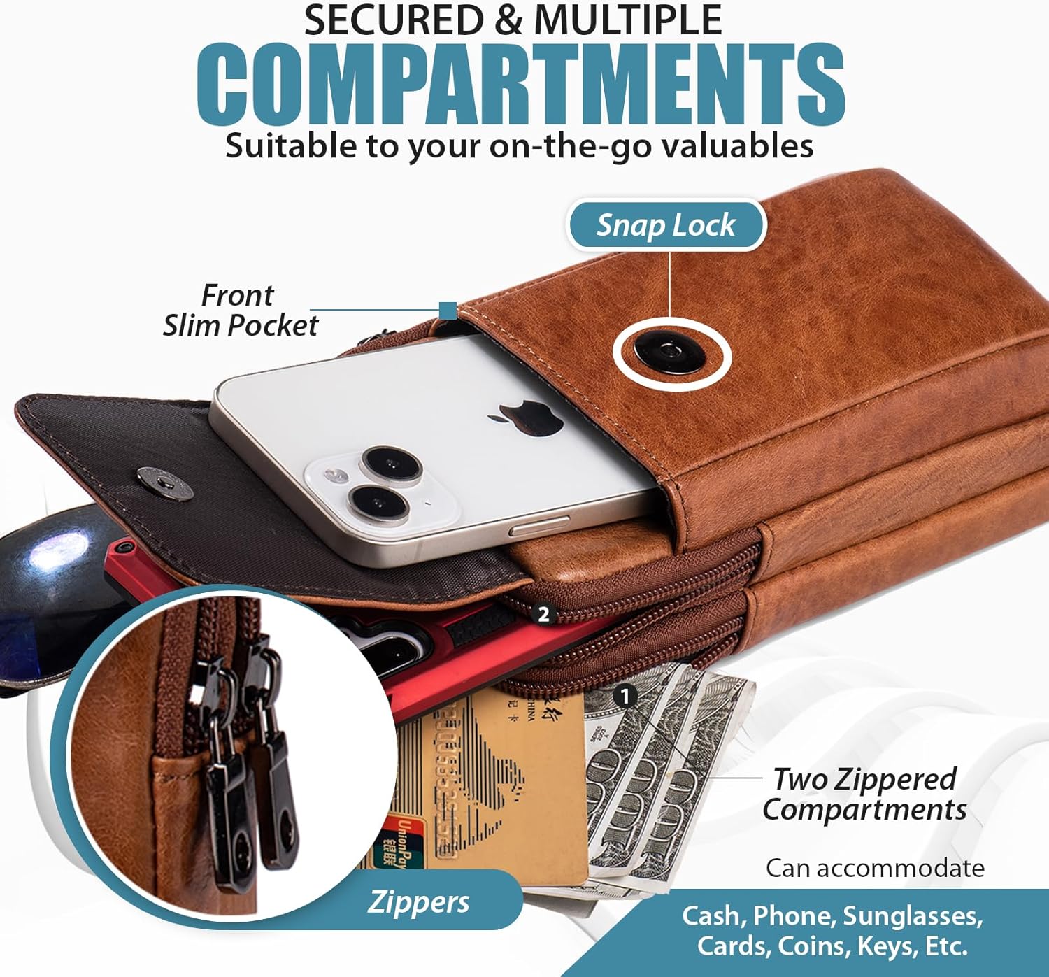 Hengwin Doppelpockets Gürtelbeutel Herrener Leder Tailentasche Herren -Handy -Taschen mit Gürtelschlaufe für iPhone 16 15 14 Pro Max, Samsung Galaxy S24 S23 Ultra S24+ Handy -Umhängetaschen (braun) – Bild 3