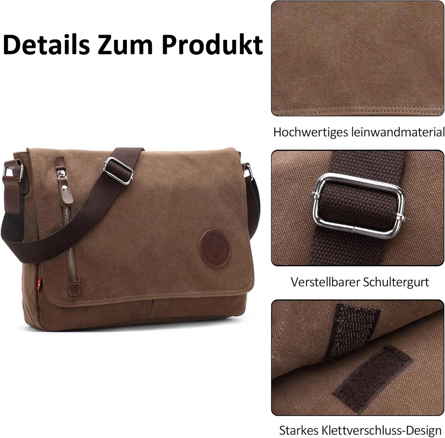 Foloveya Retro Umhängetasche Herrenumbenbeutel Leinwand Messengerbeutel 14 -Zoll -Laptop -Tasche Messengerbeutel Leinwand Multi -Bag Aktentasche für Arbeitsschule Uni, Kaffee, Umhängetasche – Bild 5